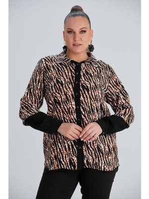 Imagine Giyim Kol Detaylı Zebra Desenli Büyük Beden Belmando Kumaş Siyah Gömlek