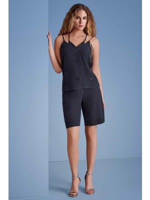 Guitar V Yaka Lacivert Dokuma Bluz