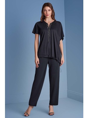 Guitar Kısa Kollu Siyah Örme Bluz