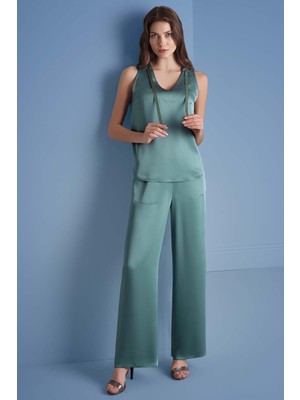 Guitar V Yaka Kemik Yeşili Saten Bluz