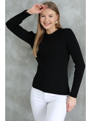 Vegenze Kadın Siyah Fitilli Bisiklet Yaka Kazak