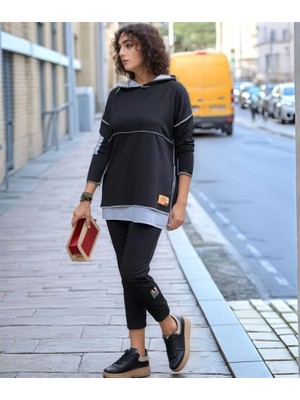 Defy Moda Kadın Siyah Kapşonlu Etek Ucu Detay Arma Ters Dikiş Gorunumlu İkili Takım