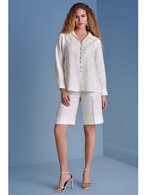 Guitar Uzun Kollu Ekru Keten Gömlek