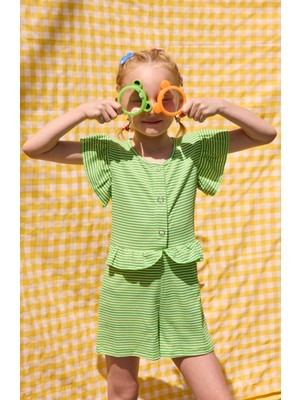 Luess Kız Çocuk Fırfır Detaylı Çıtçıtlı Renkli Çizgili Tulum