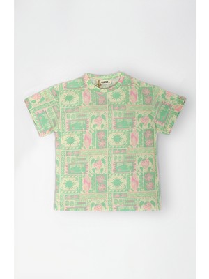 Luess Çocuk Desenli Yeşil Oversize Kısa Kol T-Shirt