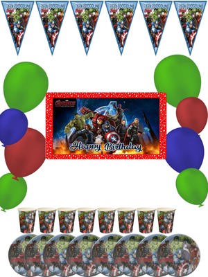 snowparty Avengers Bayraklı ve Afişli 16 Kişilik Doğum Günü Parti Malzemeleri Süsleri Seti
