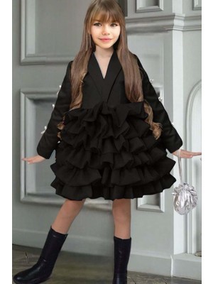 Kız Çocuk V Yaka Kesim Kolları Kurdele Detaylı Kat Kat Kumaş Kabarık Siyah Abiye