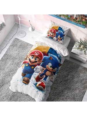 Viadela Sonic Mario Nevresim Takımı (Çarşafsız) %100 Pamuklu 150x220 cm Baskılı Desen