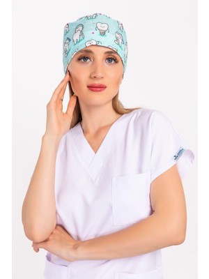 Nur Medikal Giyim Unisex Yeşil Diş Desenli Cerrahi Bone Hemşire Doktor Saç Bonesi