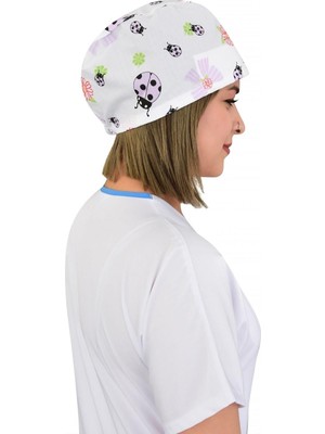 Nur Ortopedi Unisex Lila Uğur Böceği Desenli Cerrahi Bone Doktor Hemşire Saç Bone