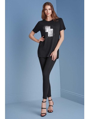 Guitar Yuvarlak Yaka Siyah Örme Tunik