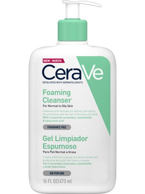 CeraVe Köpüren Temizleyici Jel - Yağlı ve Normal Ciltler İçin, Hyaluronik Asit ve Seramid ile Zenginleştirilmiştir, 473 ml