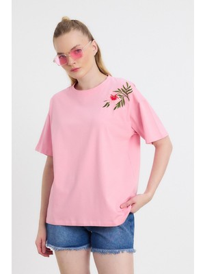 Rays 2150-21 Çiçek Nakışlı Tişört Pembe