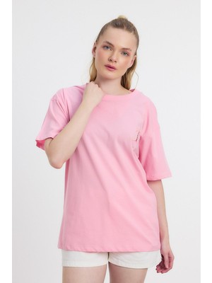 Rays 2150-16 Bisiklet Yaka Nakışlı Tişört Pembe