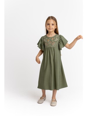 Oliven The Kid Robası Nakışlı Keten Kız Çocuk Elbise Haki