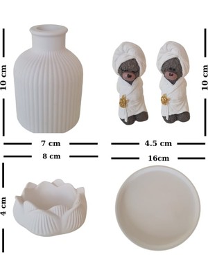 Pera Kaya Sevimli Ayıcıklı Beyaz Dekoratif Minimalist Set - Yuvarlak Tepsi Vazo Lotus Mumluk ve Sevimli Ayıcık