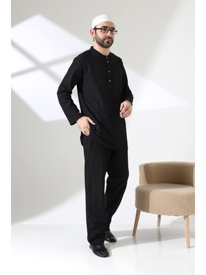 İhvan Online Erkek Tek Cepli Gömlek Pantolon Ikili Takım Hac ve Umre Kıyafeti Siyah (Vşn)