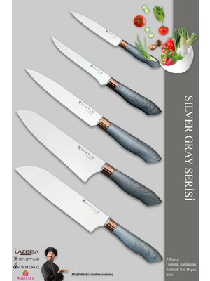 Castle Silver Gray Serisi Mutfak Bıçak Seti Et Ekmek Sebze Şef Bıçağı 5 Li Set ( MFT-568)