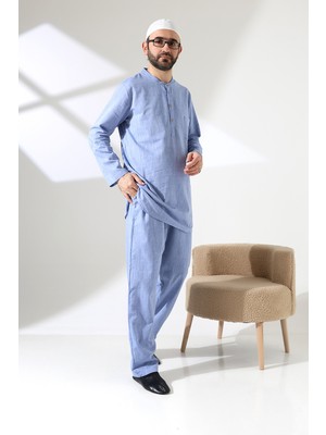 İhvan Online Erkek Tek Cepli Gömlek Pantolon Ikili Takım Hac ve Umre Kıyafeti Mavi (Vşn)