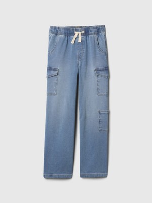 Kız Çocuk Mavi High Rise Wide-Leg Kargo Pull-On Jean Pantolon