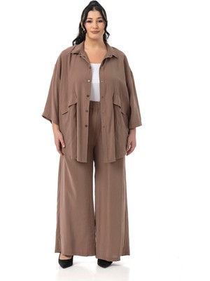 Büyük Beden Geniş Kesim Gömlek Pantolon Kahverengi Ikili Takım