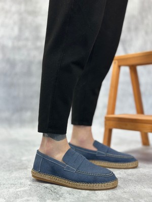 BOA BA0359 Boa Doğal Deri Tozu Bağcıksız Kauçuk El Yapımı Espadril Taban Mavi Renk Erkek Ayakkabı