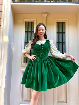 Madame Lucid Retro Yeşil Kadife Mini Elbise