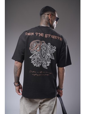 King Brich Bisiklet Yaka Sırtı Etnik Desen Baskılı Oversize Kalıp Unisex Tişört