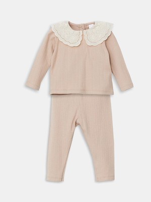 Bebe Yaka Nakışlı Kız Bebek Bluz ve Tayt 2'li