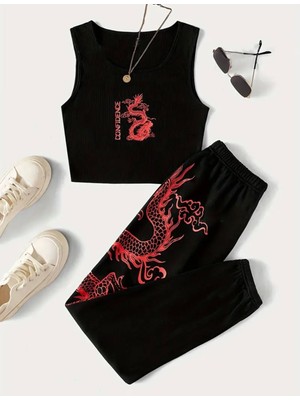 Kıds Face Özel Tasarım Kırmızı Ejderha Baskılı Yazlık Japon Stil Kız Çocuk Crop Eşofman Takımı