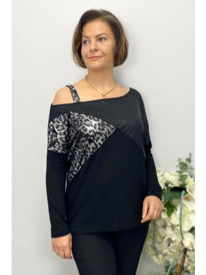 Mia Butik Büyük Beden Siyah Tek Omuz Leopar Detaylı Bluz