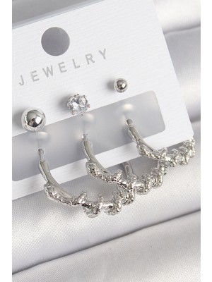 Clariss Pirinç Gümüş Renk Sarmal Yılan Halka Model Zirkon Taşlı Topçuk Detay Kadın Küpe Seti