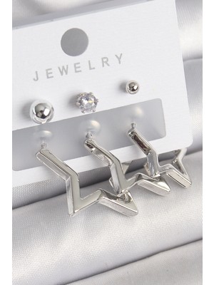 Ezo Concept Pirinç Gold Renk Yıldız Model Zirkon Taşlı Topçuk Detay Kadın Küpe Seti