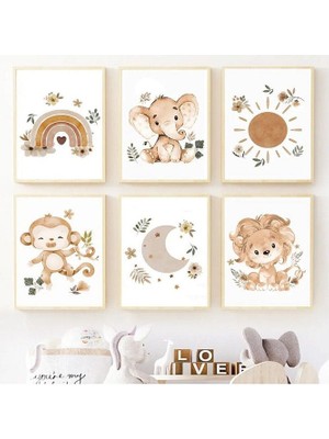 Gökkuşağı Bohem Renk Hayvanlar Temalı Çocuk Odası 6'lı Tablo Set