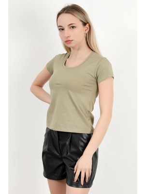 Kadın Kare Yaka Slim Fit Basic T-Shirt Haki - 925062