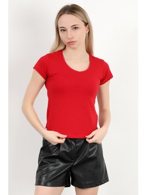 Kadın V Yaka Pamuklu Basic T-Shirt Kırmızı - 925061