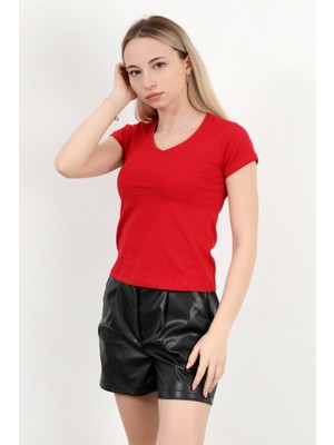 Kadın V Yaka Pamuklu Basic T-Shirt Kırmızı - 925061