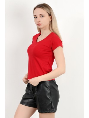 Kadın V Yaka Pamuklu Basic T-Shirt Kırmızı - 925061