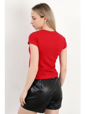 Kadın V Yaka Pamuklu Basic T-Shirt Kırmızı - 925061