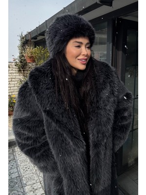 Premium Şal Yaka Mob Wife Suni Kürk Maxsi Kadın Kaban