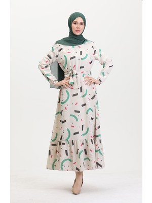 Sefa Merve Büyük Beden Desenli Keten Elbise 91817-01 Krem Yeşil