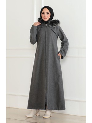 Sefa Merve Kapüşonlu Kürklü Kaban 2058-08 Gri