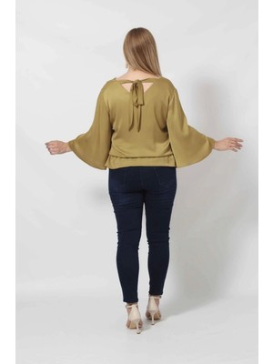 Moda Berray 3183YY Yağ Yeşili Beli Lastikli Bol Kol Bluz