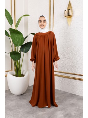 Reglan Kol Büzgülü Çocuk Elbise-Kiremit