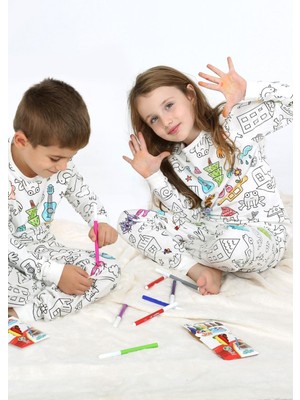 Uzun Kollu Özel Kalem Hediye Boyanabilir Kız Erkek Çocuk Pijama Takımı Yıkama Sonrası Leke Bırakmaz