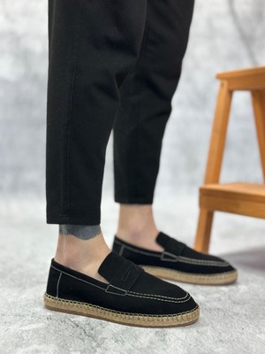 BOA BA0359 Boa Doğal Deri Tozu Bağcıksız Kauçuk El Yapımı Espadril Taban Siyah Renk Erkek Ayakkabı