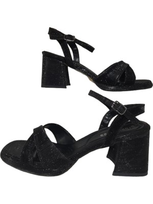 Erbay Shoes Kadın Kare Burun Platform Sandalet Siyah Simli Çapraz Bantlı Ayakkabı ERBAYYY210