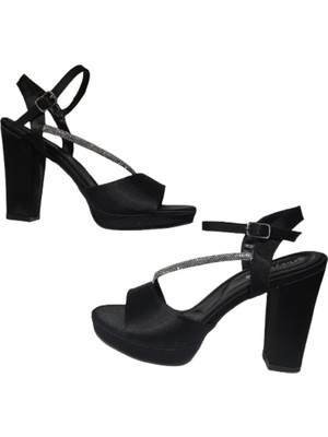 Erbay Shoes Kadın Platform Siyah Taşlı Saten Tek Bantlı Sandalet Ayakkabı ERBAY65467