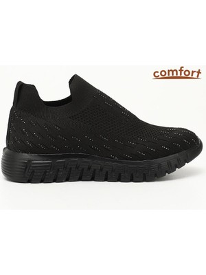 Divamod Diva Mod 502 Kadın Siyah Triko Taşlı Memory Foam Tabanlıklı Comfort Sneaker Siyah