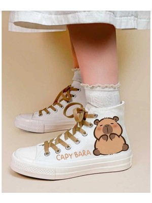 Lias Shoes Capyy Bere Baskılı Beyaz Keten Çocuk Spor Ayakkabı Sneaker